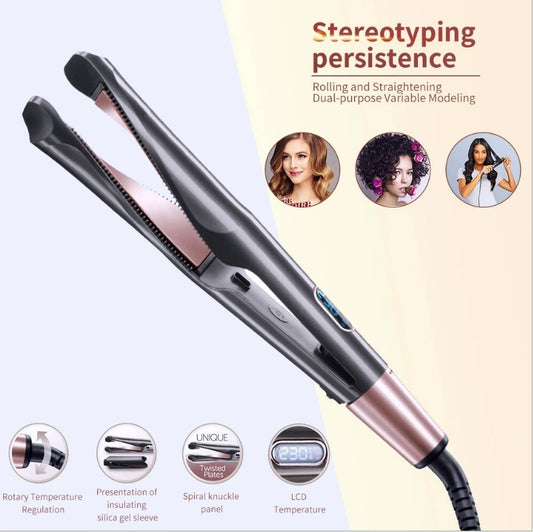 Hair straightener rotates the beveled curling iron