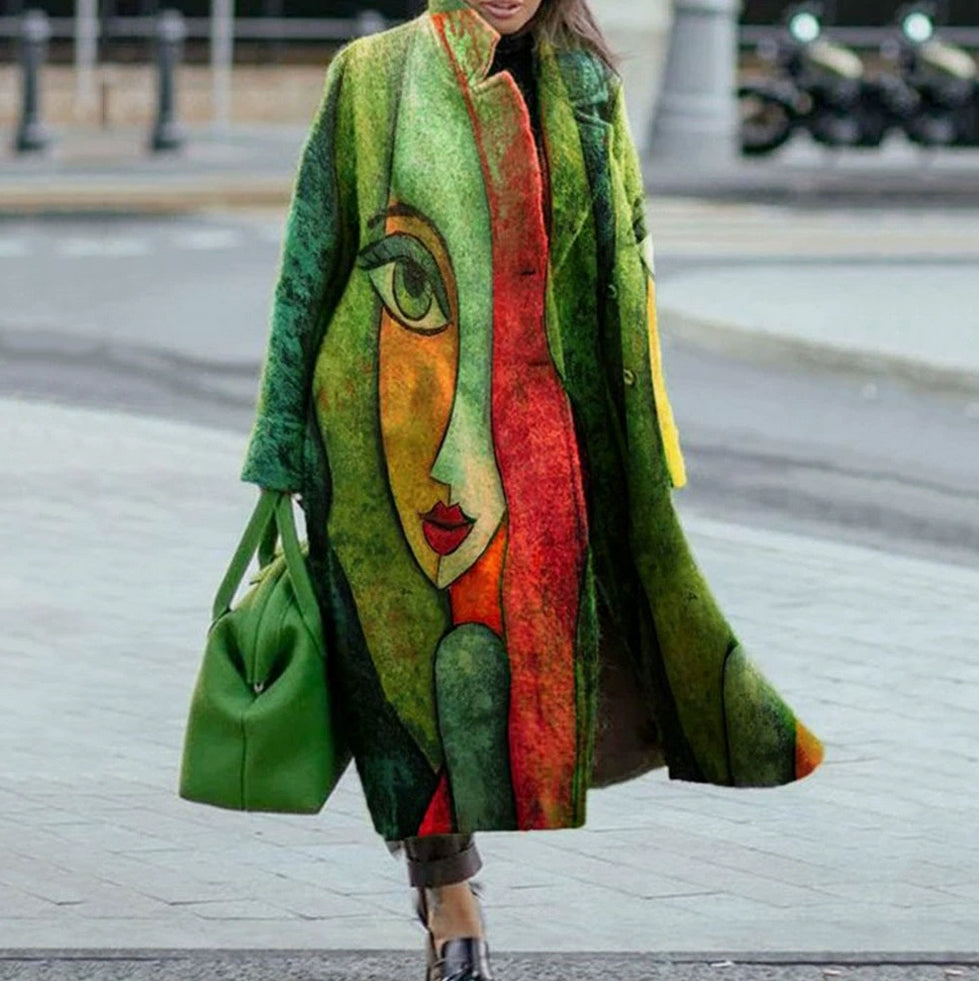 Long sleeved lapel coat with printed woolen fabric long coat