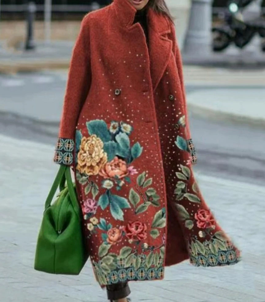 Long sleeved lapel coat with printed woolen fabric long coat