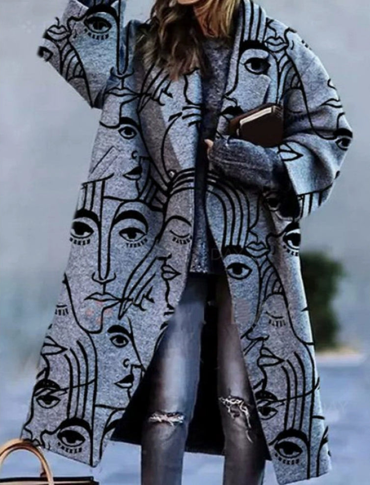 Long sleeved lapel coat with printed woolen fabric long coat